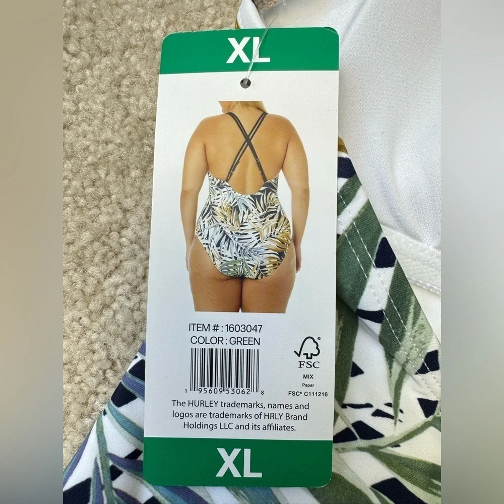 NWT Hurley One Piece Swimsuit Bathing Suit V-Neck UPF 50+ Tropical Print Size XL